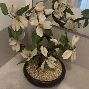 JCPenney Cream and Green Faux Floral in Black Bowl